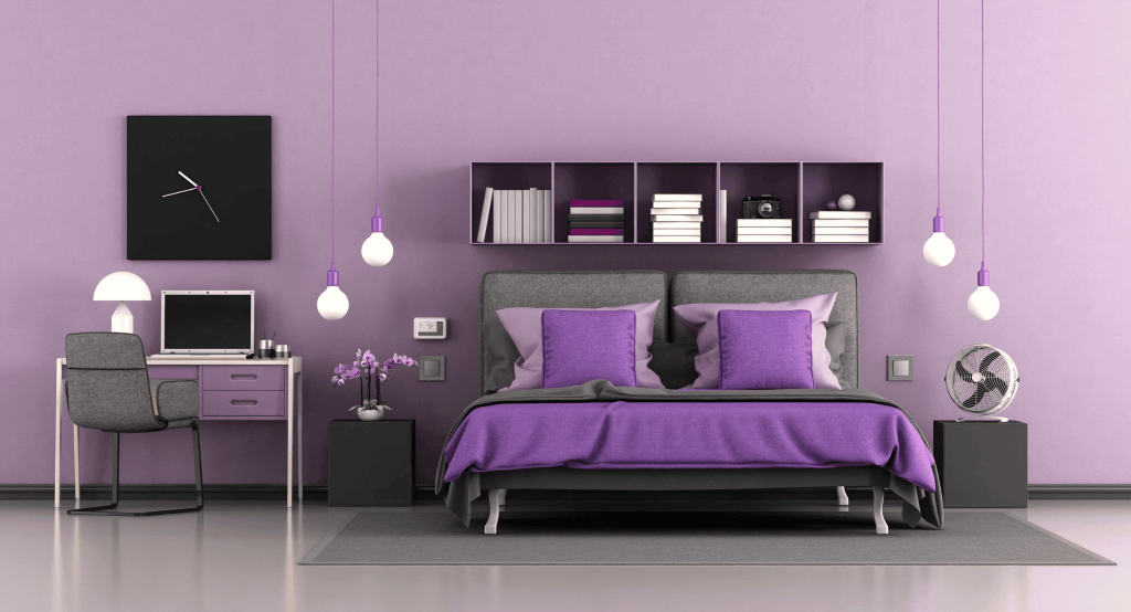 A purple bedroom.

